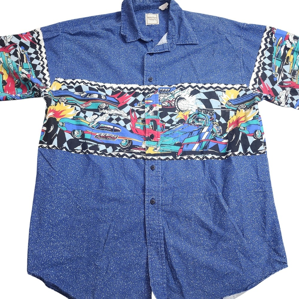 Vintage Western Plains Trading Shirt Mens Large Blue Race Car Long Sleeve Button